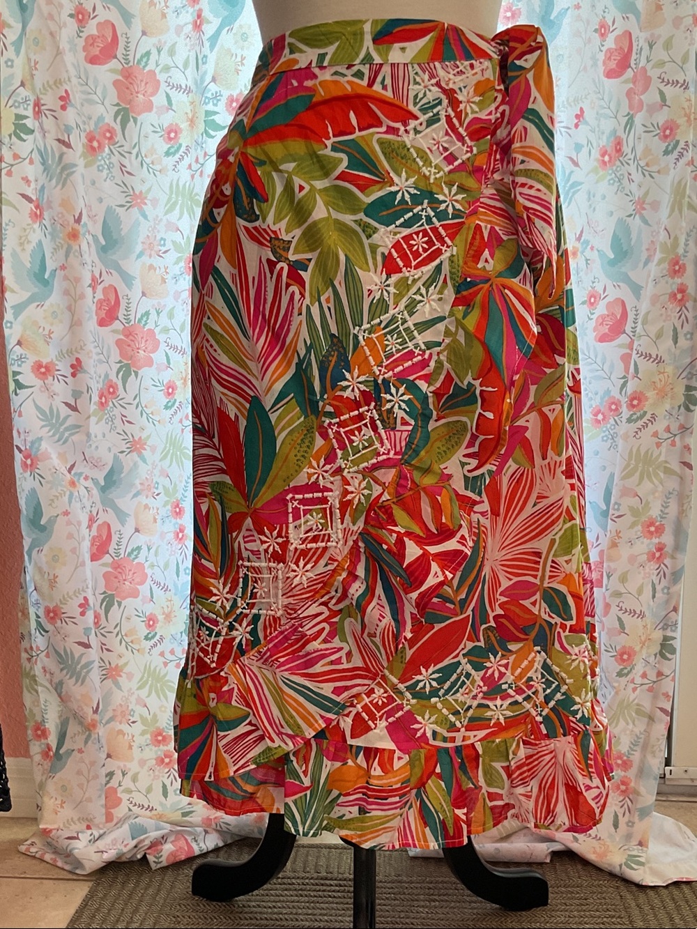 C&C California Tropical Floral Midi Skirt in Red, Pink, Green, Orange